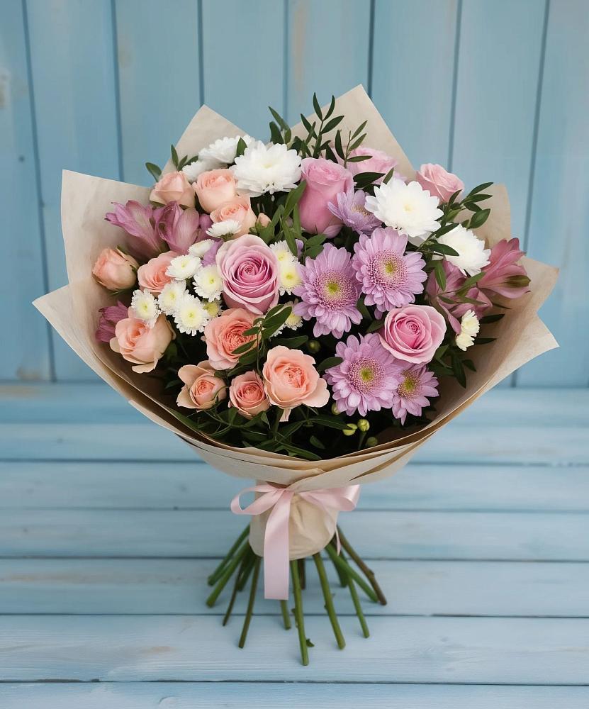 Букет цветов из: Хризантемы, Розы и Альстромерии в Балахте