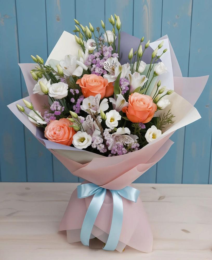Букет цветов из: Лизиантусы, Розы, Альстромерии и Гипсофила в Балахте