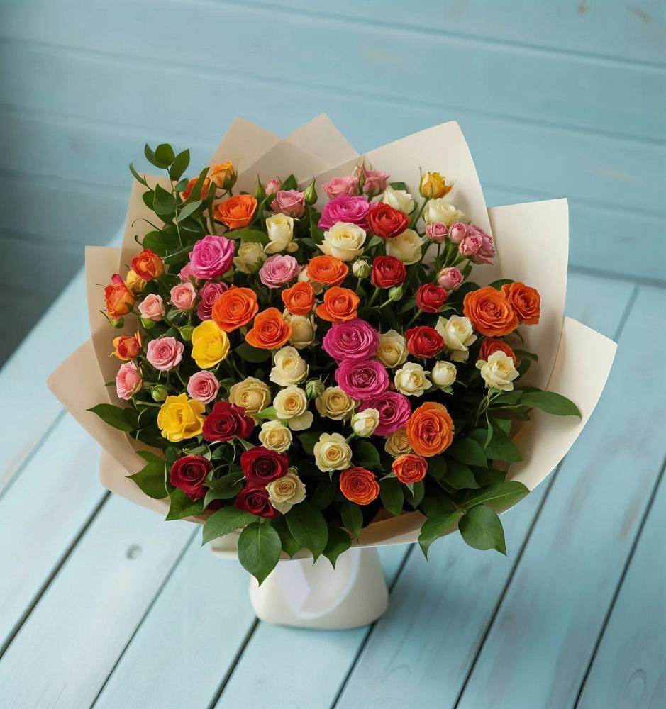 Букет Микс из разноцветных кустовых роз в Балахте