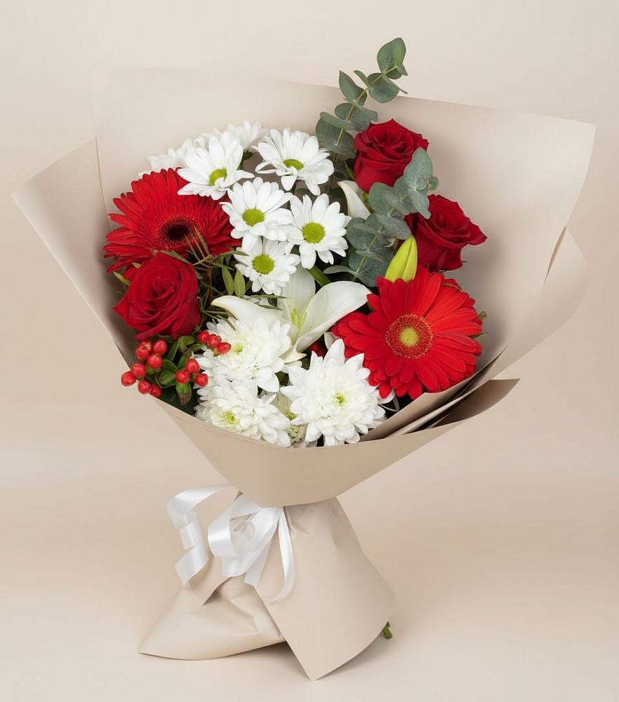 Букет цветов из: Розы, Хризантемы, Герберы и Лилии в Балахте