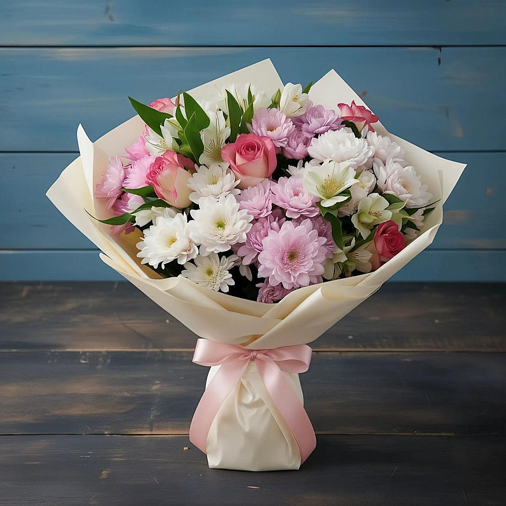 Букет цветов из: Хризантемы, Альстромерии и Розы в Балахте